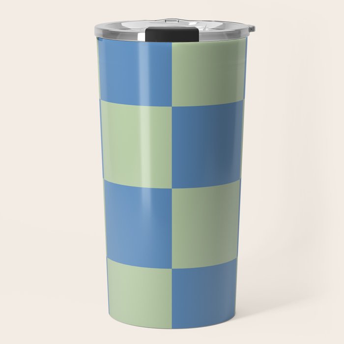 Blue and Light Green Checkerboard Pattern Travel Mug Gallery Image 1