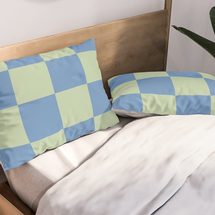 Blue and Light Green Checkerboard Pattern Pillow Sham Gallery Image 2