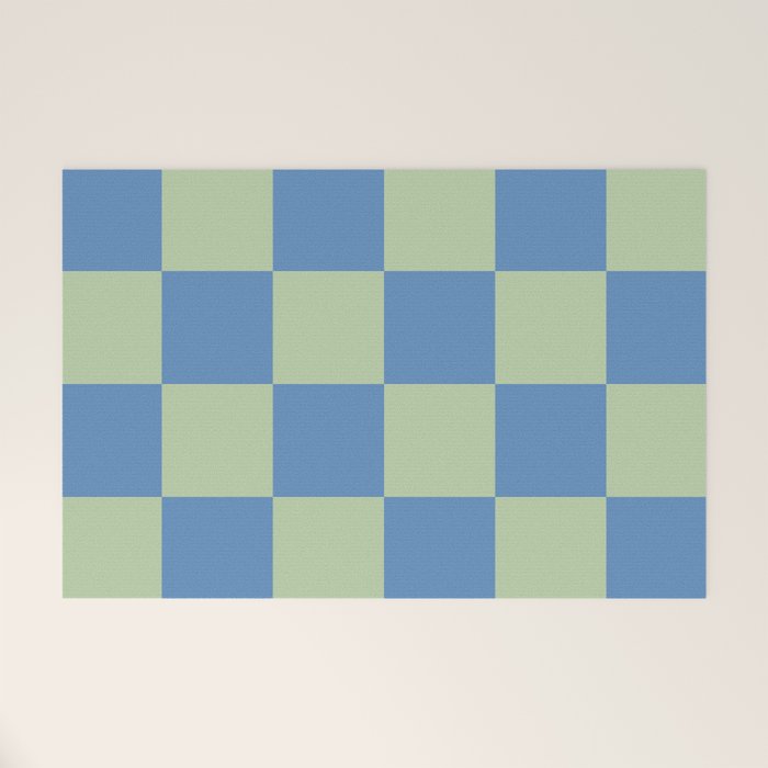 Blue and Light Green Checkerboard Pattern Welcome Mat Gallery Image 1