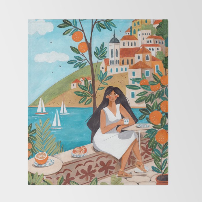 Travel poster woman in Mediterranean coast Throw Blanket Gallery Image 2