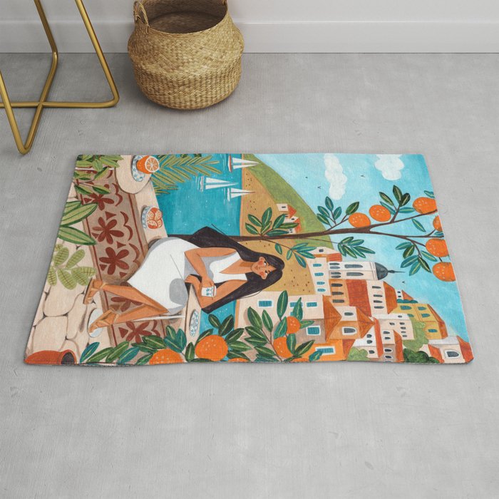 Travel poster woman in Mediterranean coast Rug Gallery Image 1