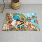 Travel poster woman in Mediterranean coast Rug Gallery Image 1