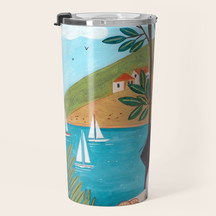 Travel poster woman in Mediterranean coast Travel Mug Gallery Image 3