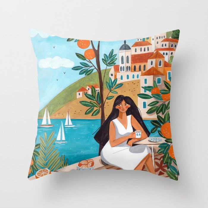 Travel poster woman in Mediterranean coast Throw Pillow Gallery Image 6
