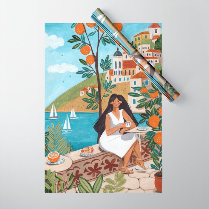 Travel poster woman in Mediterranean coast Wrapping Paper Gallery Image 1