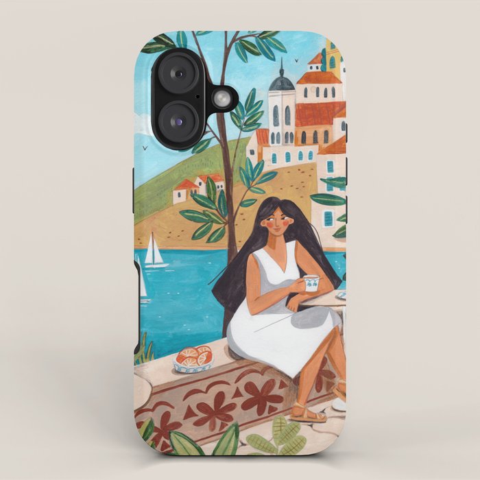 Travel poster woman in Mediterranean coast iPhone Case Gallery Image 1