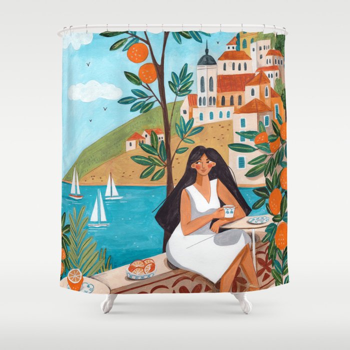 Travel poster woman in Mediterranean coast Shower Curtain Gallery Image 1