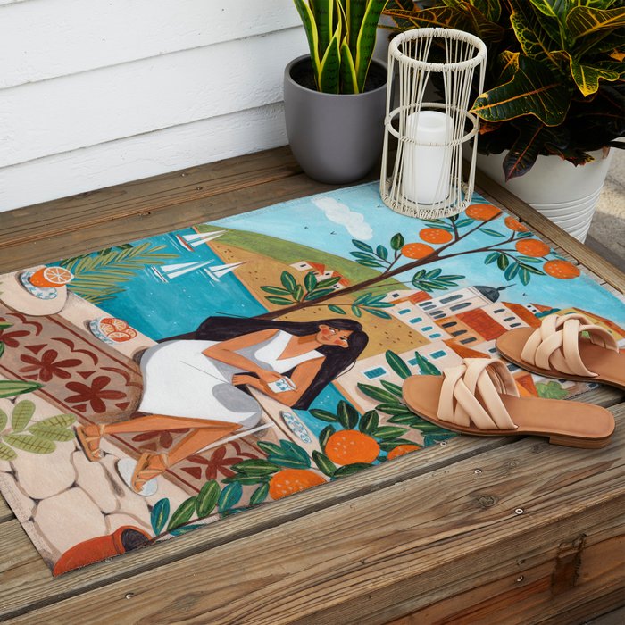 Travel poster woman in Mediterranean coast Outdoor Rug Gallery Image 2