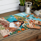 Travel poster woman in Mediterranean coast Outdoor Rug Gallery Image 2