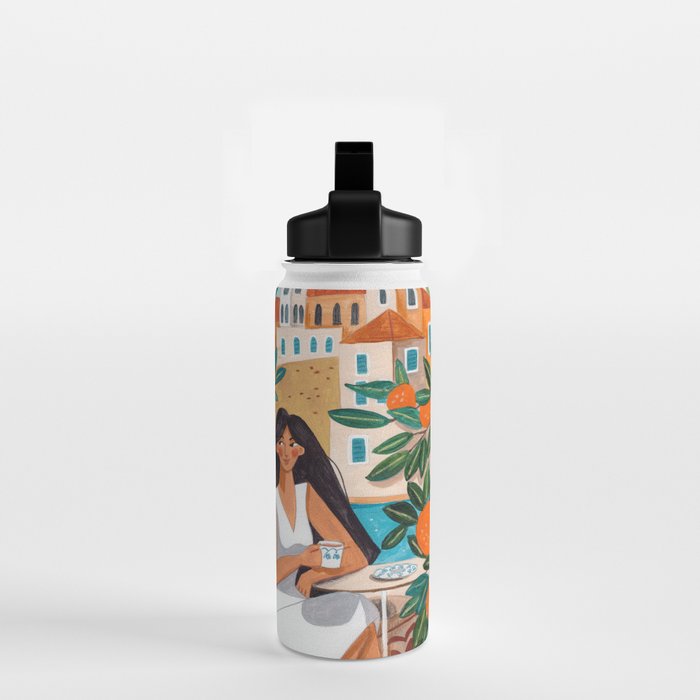 Travel poster woman in Mediterranean coast Water Bottle Gallery Image 2