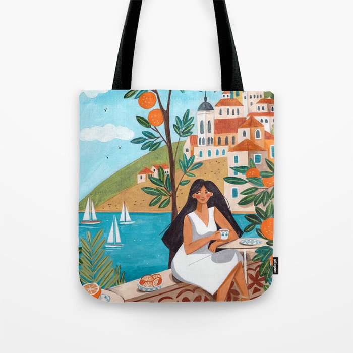 Travel poster woman in Mediterranean coast Tote Bag Gallery Image 1