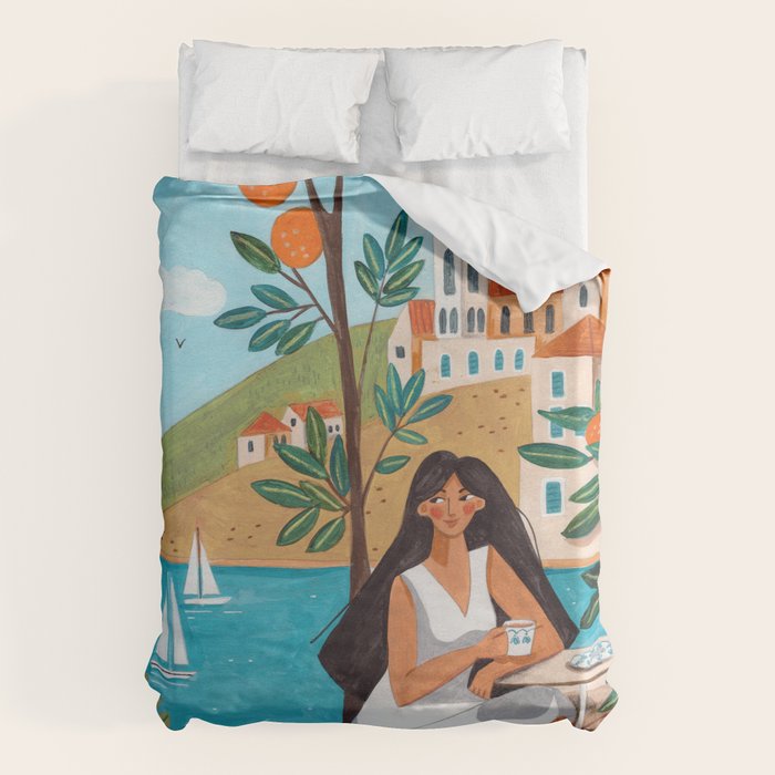 Travel poster woman in Mediterranean coast Duvet Cover Gallery Image 1