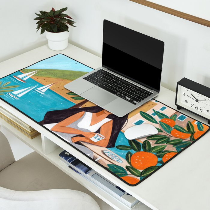 Travel poster woman in Mediterranean coast Desk Mat Gallery Image 2