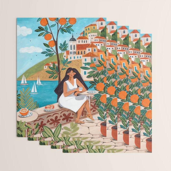 Travel poster woman in Mediterranean coast Wrapping Paper Gallery Image 3