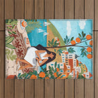 Travel poster woman in Mediterranean coast Outdoor Rug Gallery Image 1