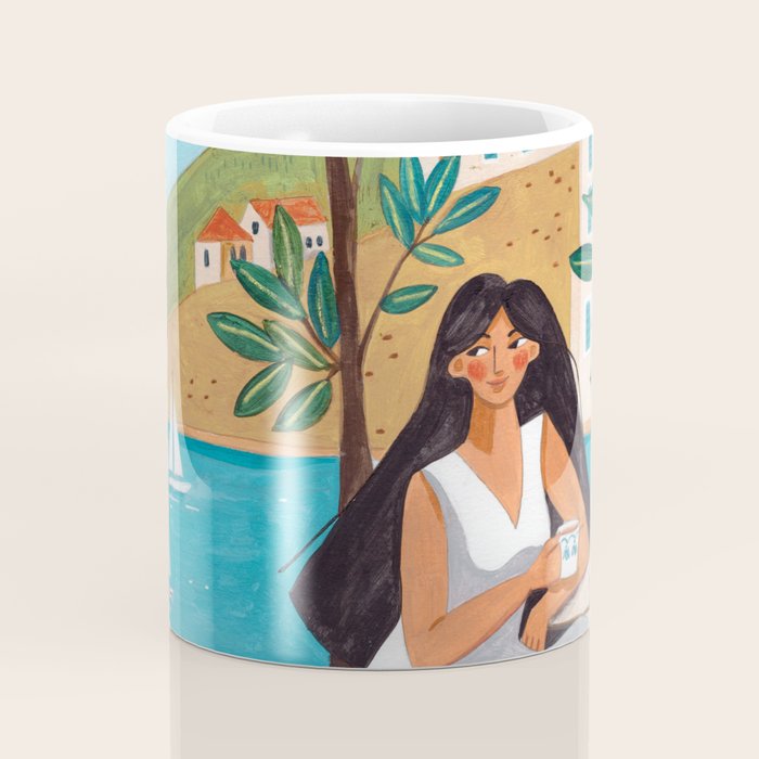 Travel poster woman in Mediterranean coast Coffee Mug Gallery Image 4
