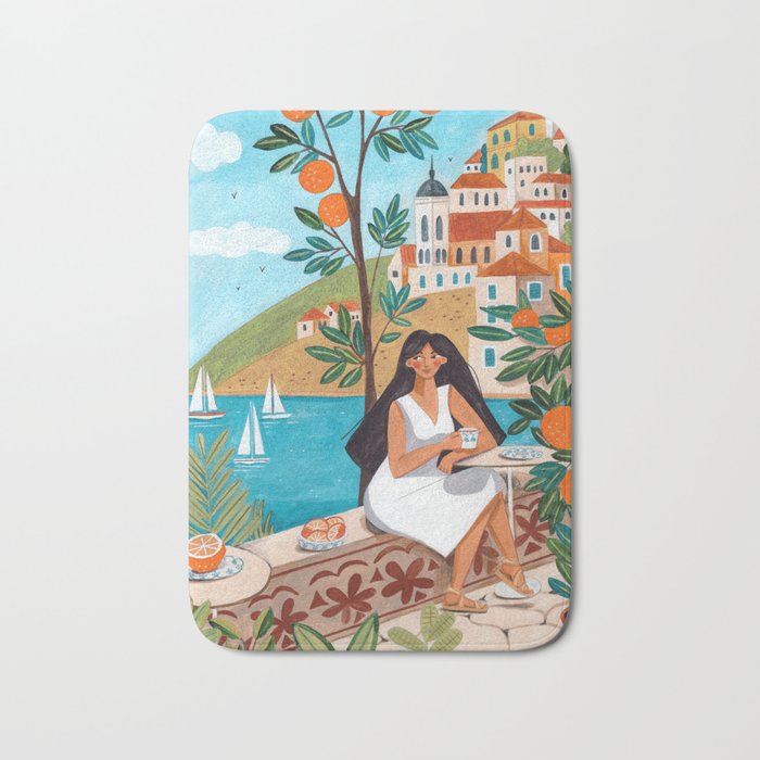 Travel poster woman in Mediterranean coast Bath Mat Gallery Image 1