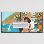 Travel poster woman in Mediterranean coast Desk Mat Gallery Image 1