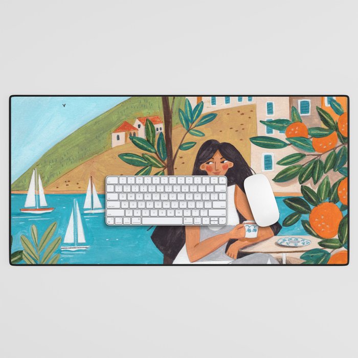 Travel poster woman in Mediterranean coast Desk Mat Gallery Image 1