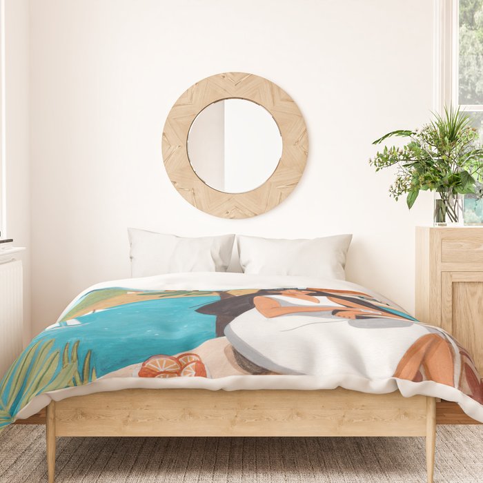 Travel poster woman in Mediterranean coast Duvet Cover Gallery Image 3