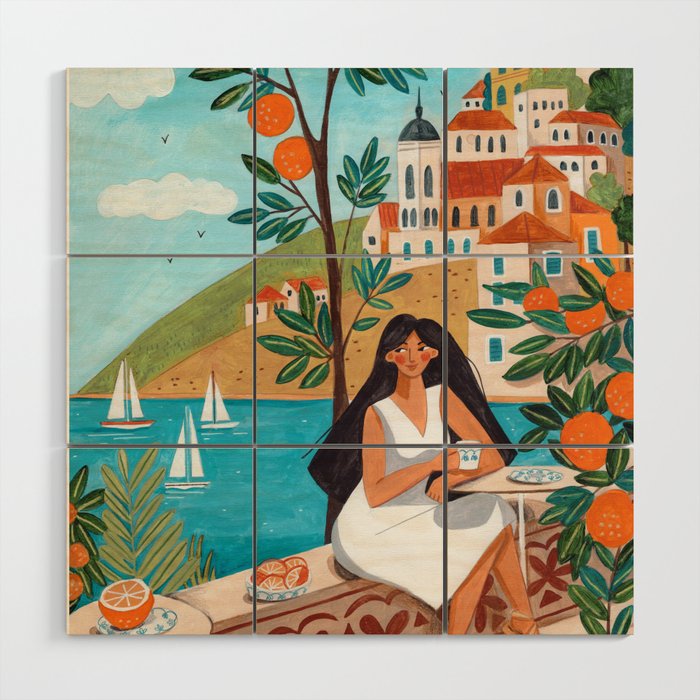 Travel poster woman in Mediterranean coast Wood Wall Art Gallery Image 1