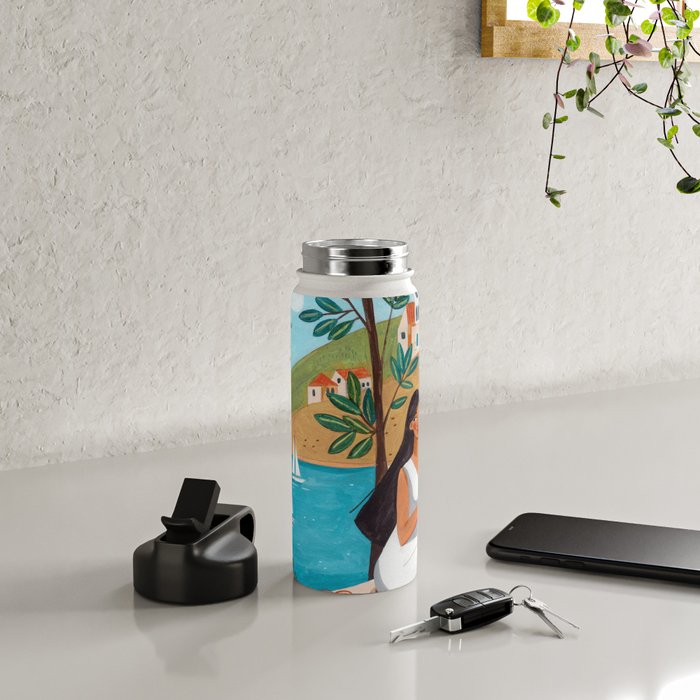 Travel poster woman in Mediterranean coast Water Bottle Gallery Image 4