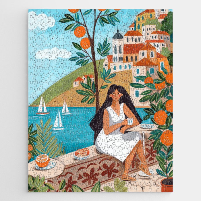 Travel poster woman in Mediterranean coast Jigsaw Puzzle Gallery Image 1