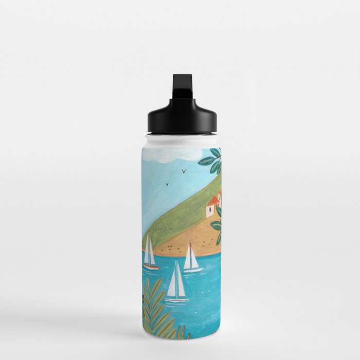 Travel poster woman in Mediterranean coast Water Bottle Gallery Image 3
