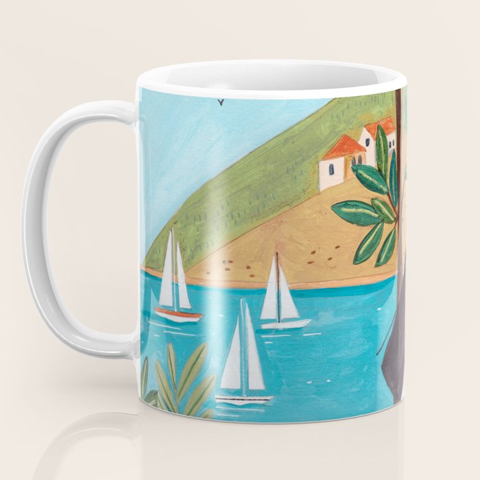 Travel poster woman in Mediterranean coast Coffee Mug Gallery Image 3