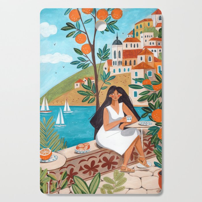 Travel poster woman in Mediterranean coast Cutting Board Gallery Image 1