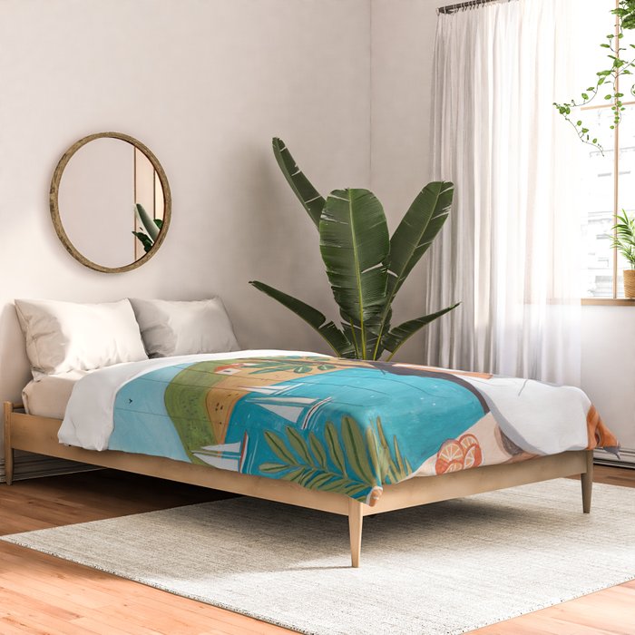 Travel poster woman in Mediterranean coast Comforter Gallery Image 2