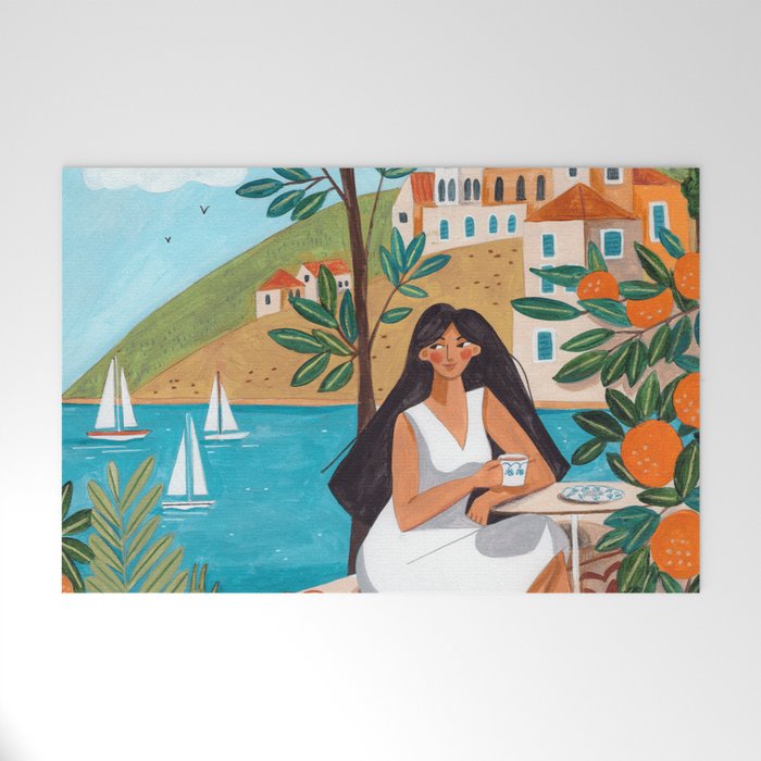 Travel poster woman in Mediterranean coast Welcome Mat Gallery Image 1