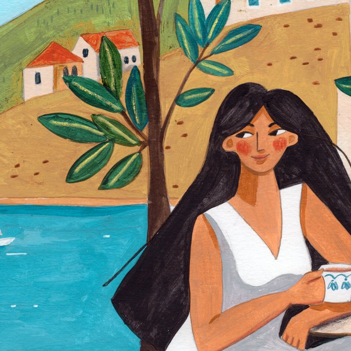 Travel poster woman in Mediterranean coast Coffee Mug Gallery Image 2