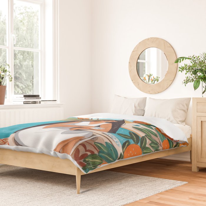 Travel poster woman in Mediterranean coast Duvet Cover Gallery Image 2
