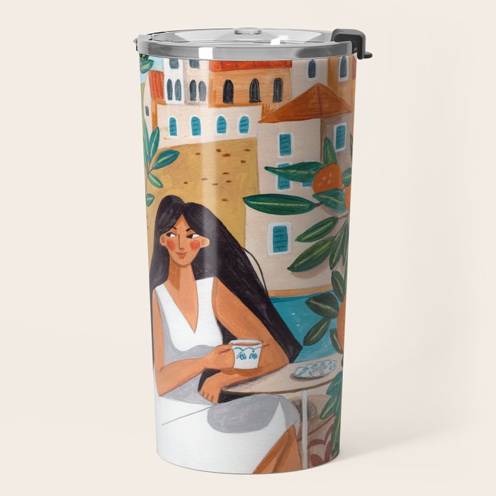 Travel poster woman in Mediterranean coast Travel Mug Gallery Image 2