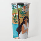 Travel poster woman in Mediterranean coast Travel Mug Gallery Image 1