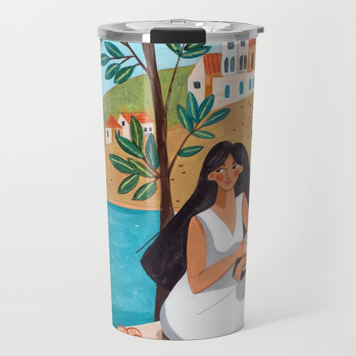 Travel poster woman in Mediterranean coast Travel Mug Gallery Image 1