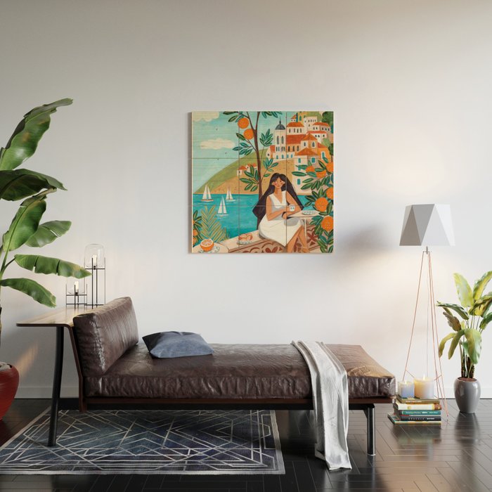 Travel poster woman in Mediterranean coast Wood Wall Art Gallery Image 2