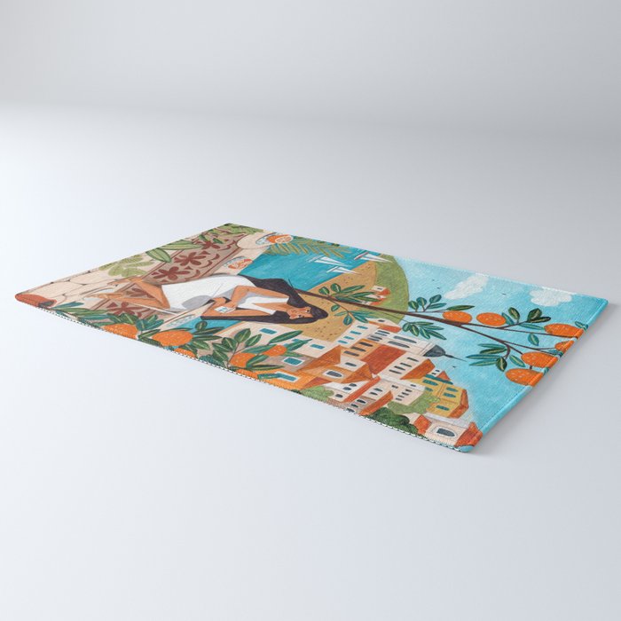 Travel poster woman in Mediterranean coast Rug Gallery Image 3
