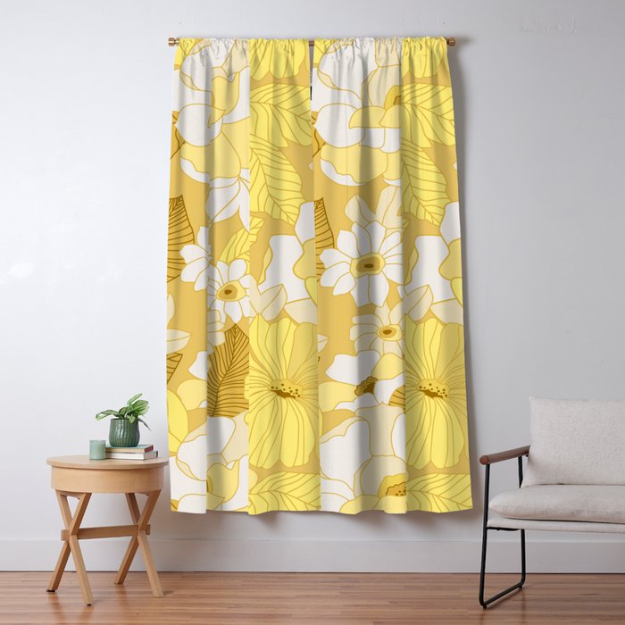 Yellow, Ivory and Brown Retro Flowers Window Curtain Gallery Image 1