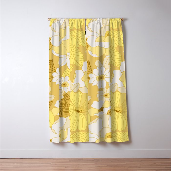 Yellow, Ivory and Brown Retro Flowers Window Curtain Gallery Image 3