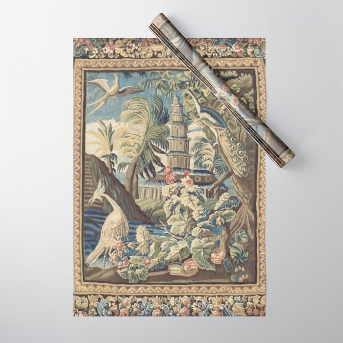 Antique 18th Century Peacock and Phoenix French Aubusson Tapestry Wrapping Paper Gallery Image 1