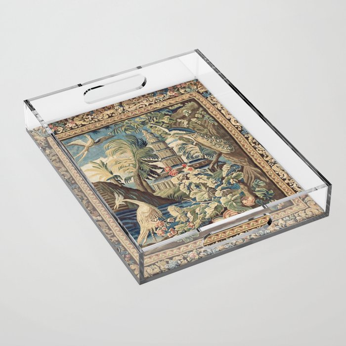 Antique 18th Century Peacock and Phoenix French Aubusson Tapestry Acrylic Tray Gallery Image 1