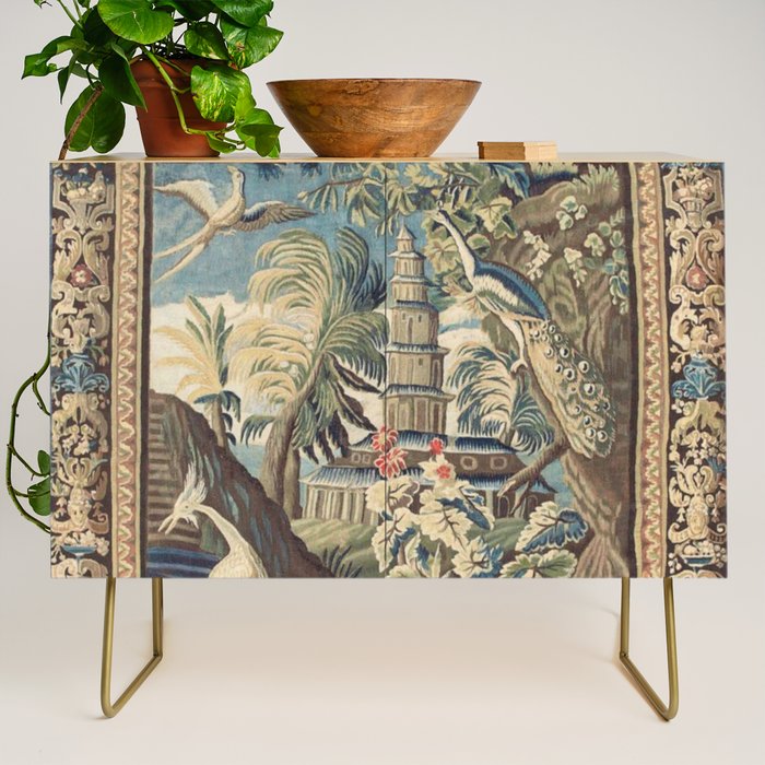 Antique 18th Century Peacock and Phoenix French Aubusson Tapestry Credenza Gallery Image 1