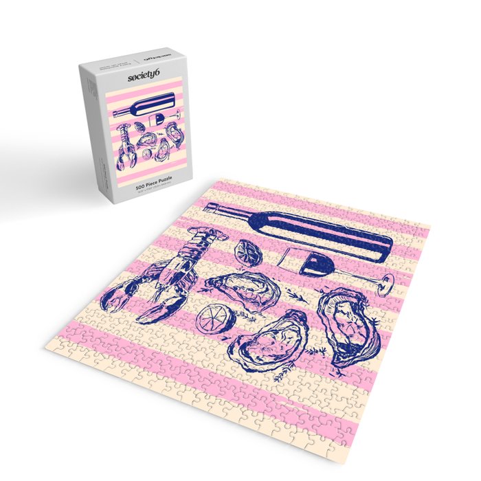 Seafood and Wine - Retro Pink Stripes Illustration Jigsaw Puzzle Gallery Image 2
