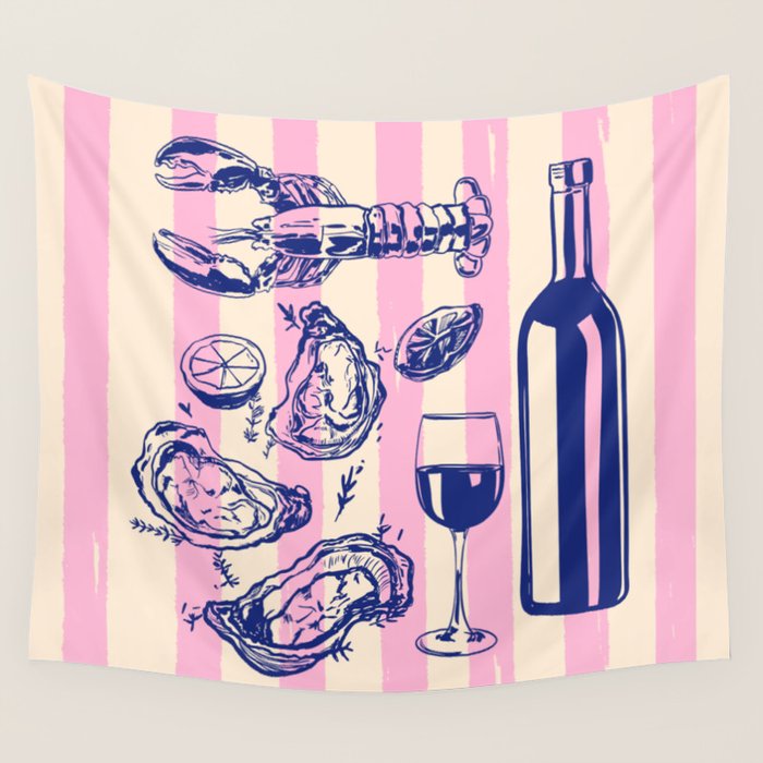 Seafood and Wine - Retro Pink Stripes Illustration Wall Tapestry Gallery Image 1