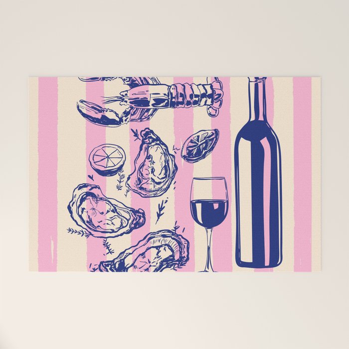 Seafood and Wine - Retro Pink Stripes Illustration Welcome Mat Gallery Image 1