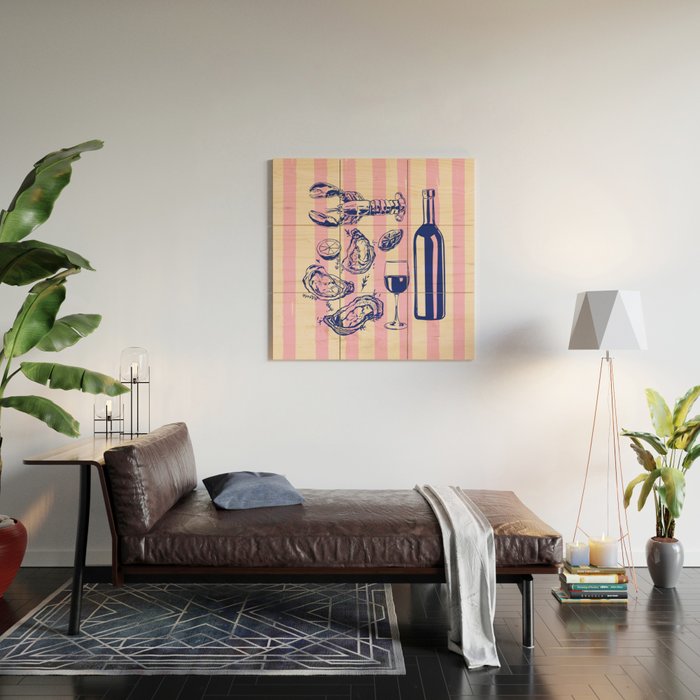 Seafood and Wine - Retro Pink Stripes Illustration Wood Wall Art Gallery Image 2