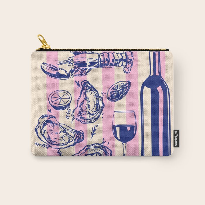 Seafood and Wine - Retro Pink Stripes Illustration Carry All Pouch Gallery Image 1