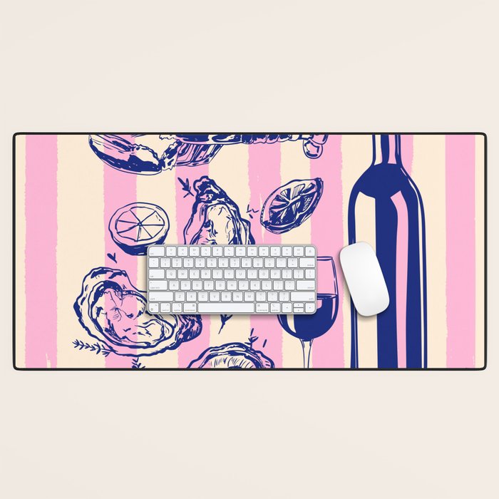Seafood and Wine - Retro Pink Stripes Illustration Desk Mat Gallery Image 1